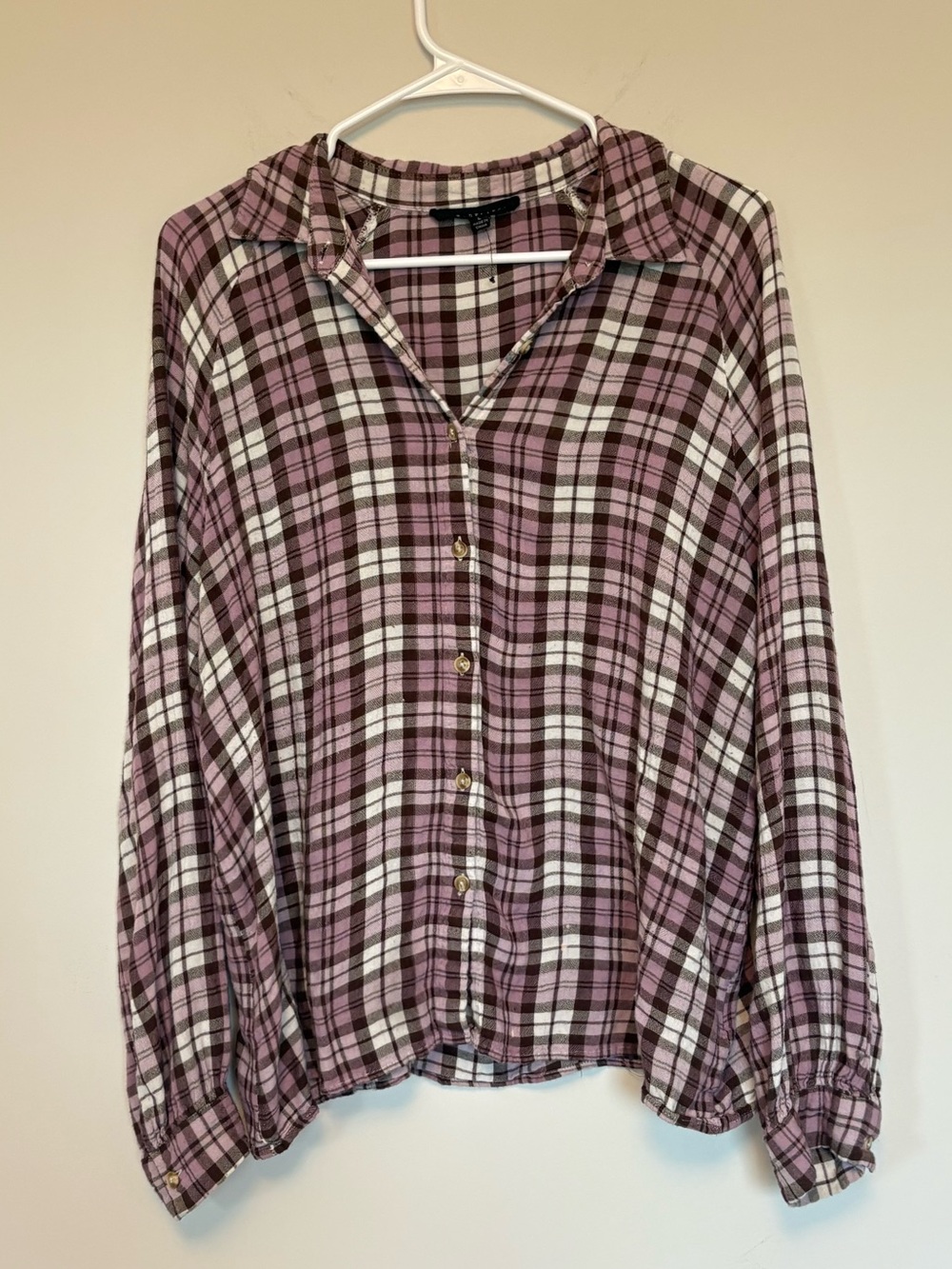 Jane & Delancey Purple Brown Plaid Button Down Shirt Long Sleeve Size L